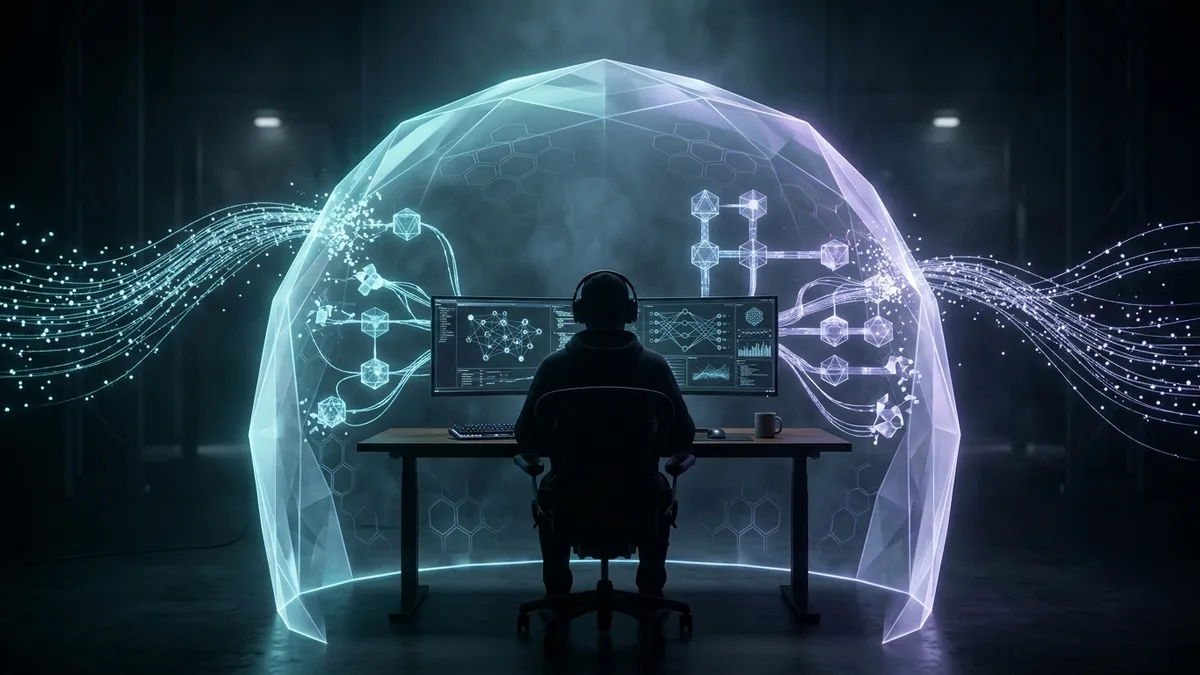 Pessoa digitando em teclado mecânico com código na tela de dois monitores à sua frente