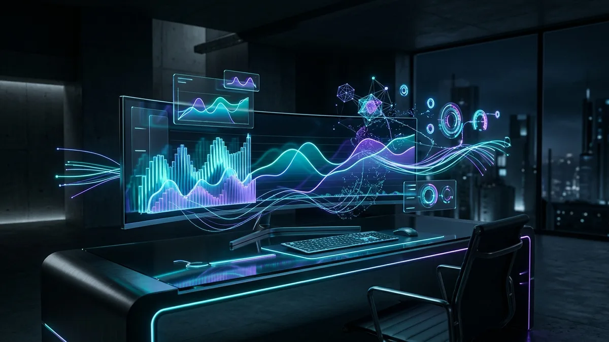 Monitor escuro com gráficos interativos e filtros em painel de dados sob iluminação futurista azul e ciano.