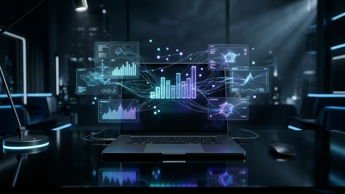 Notebook em mesa escura exibindo terminal de código e interface holográfica com métricas do mercado de tecnologia.